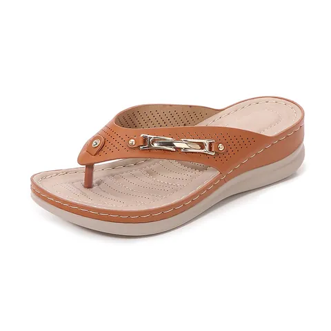 Women's Wedge Sandals Platform Flip Flops Summer Beach Shoes With Metal Chain Rhinestone Laser Cut Out PU Fashion Slippers