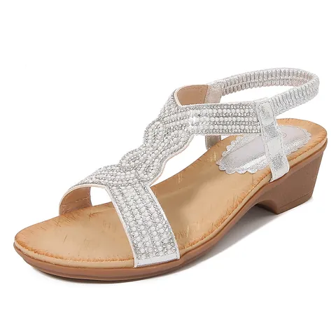 Bohemian Ladies Wedge Sandals Rhinestone Faux Pearl Elastic Back Strap PU Leather Summer Beach Fashion Platform Shoes