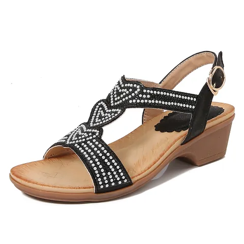 Women Bohemian Rhinestone Heart Wedge Sandals Fashion T-Strap Summer Beach Shoes Elegant Comfort PU Leather Sandals