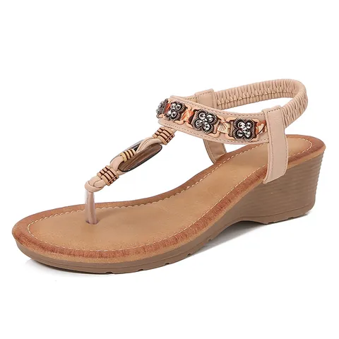 Women's Bohemian Wedge Sandals Rhinestone T-Strap Flip Flops Elastic Back Strap Ethnic Beaded Summer Beach Sandals Shoes