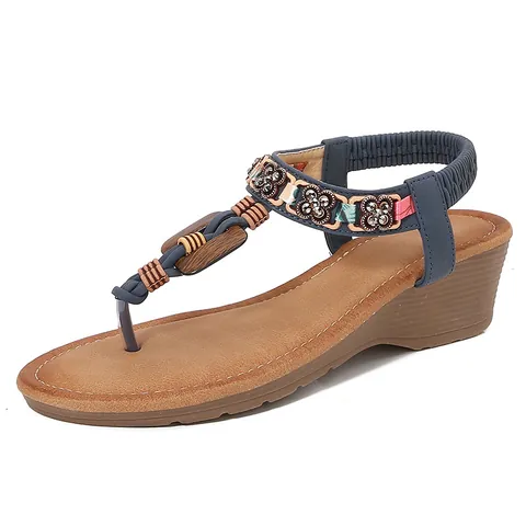 Women's Bohemian Wedge Sandals Rhinestone T-Strap Flip Flops Elastic Back Strap Ethnic Beaded Summer Beach Sandals Shoes