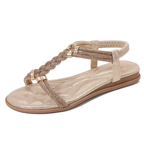Women's Bohemian Rhinestone Flat Sandals PU Leather T-Strap Elastic Back Strap Sparkly Jeweled Summer Beach Vacation Shoes
