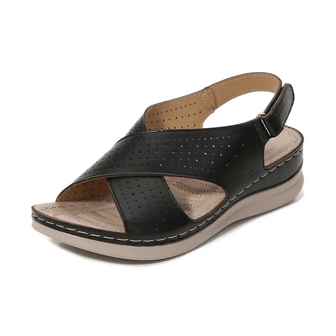 Sandali con Zeppa in Pelle PU Casual da Donna Cinturini Incrociati Traforati al Laser Scarpe da Spiaggia Estive con Plateau Sandali a Strappo