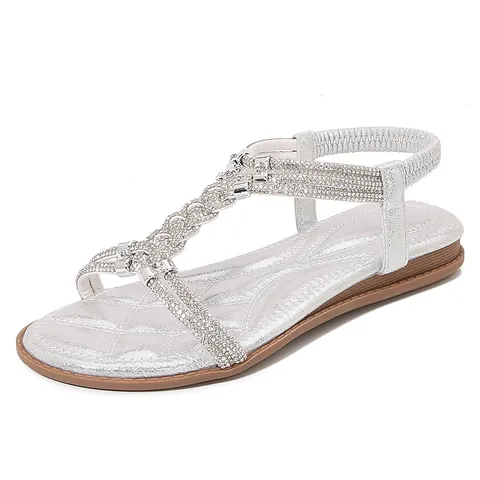 Women's Bohemian Rhinestone Flat Sandals PU Leather T-Strap Elastic Back Strap Sparkly Jeweled Summer Beach Vacation Shoes