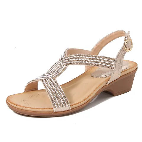 Damen Bohemian Strass Keilsandaletten Mode Bequeme PU Leder Mittelhoher Absatz Sommerschuhe Mit Verstellbarem Schnallenriemen Alltag