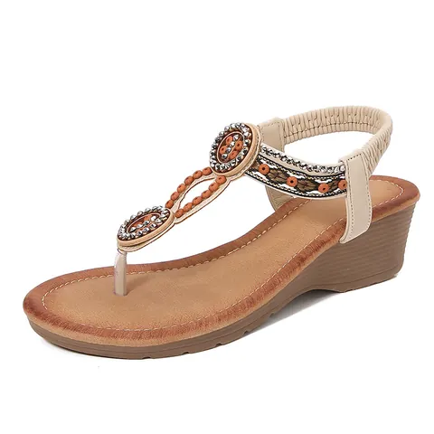 Women's Bohemian Wedge Sandals Beaded T-Strap Rhinestone Flip Flops Comfortable Elastic Back Strap Beach Vacation Ladies Shoes