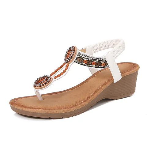Women's Bohemian Wedge Sandals Beaded T-Strap Rhinestone Flip Flops Comfortable Elastic Back Strap Beach Vacation Ladies Shoes