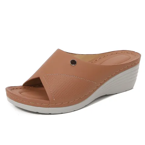 Women Casual Wedge Sandals Non-Slip PU Leather Platform Slippers With Metal Buckle Breathable Hollow Out Summer Beach Slides