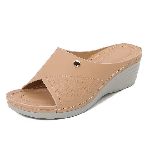 Women Casual Wedge Sandals Non-Slip PU Leather Platform Slippers With Metal Buckle Breathable Hollow Out Summer Beach Slides