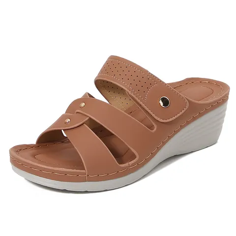 Women's Casual Wedge Slide Sandals Comfort PU Leather Cross Strap Laser Cut Rivet Platform Summer Beach Shoes 5.5cm Heel