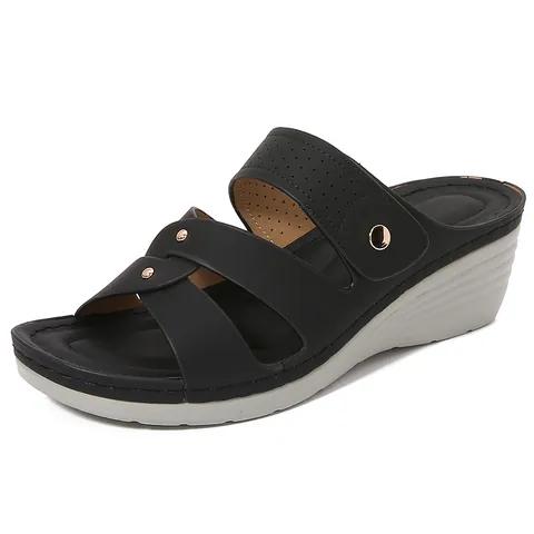Women's Casual Wedge Slide Sandals Comfort PU Leather Cross Strap Laser Cut Rivet Platform Summer Beach Shoes 5.5cm Heel