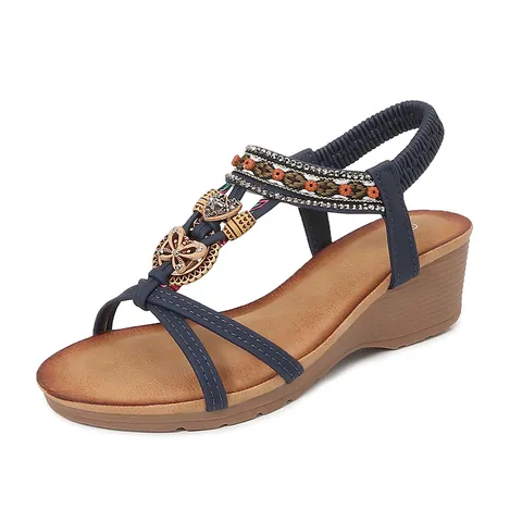 Women's Bohemian Wedge Sandals Rhinestone Beaded Embroidery Butterfly Ethnic Fashion Comfort Elastic Strap Summer Beach Shoes