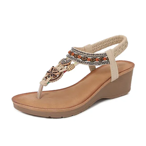 Sandales Compensées Bohème pour Femmes Strass Perles Bride en T Chaussures de Plage Été Bande Élastique Plateforme Confort