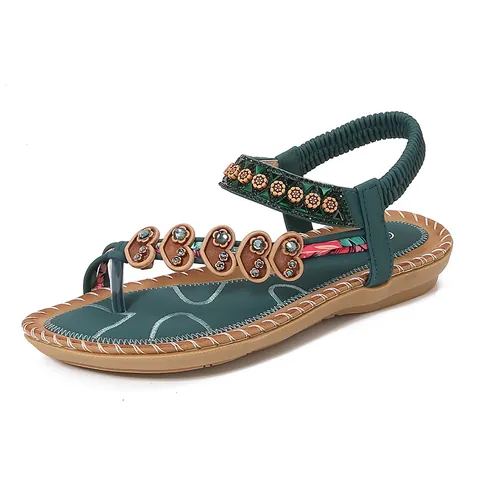 Sandales Plates Bohème Ethnique pour Femmes Été Plage Sandales Thong Décor Coeur Strass Chaussures Décontractées en PU