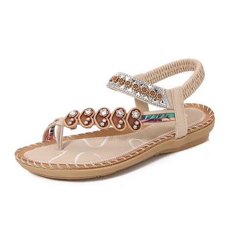 Sandales Plates Bohème Ethnique pour Femmes Été Plage Sandales Thong Décor Coeur Strass Chaussures Décontractées en PU