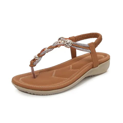 Women Bohemian Rhinestone Thong Sandals Comfort PU Leather T-Strap Flat Sandals Casual Summer Beach Shoes Black Navy Camel