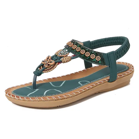 Women's Bohemian Flat Sandals T-Strap Thong Flip Flops With Rhinestones Beads Metal Butterfly Heart Elastic Back Strap Summer Casual Walking Shoes