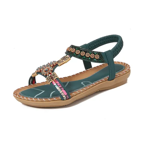 Women's Bohemian Flat Sandals Rhinestone Beaded Flower Elastic Back Strap Summer Beach Casual Ethnic PU Shoes