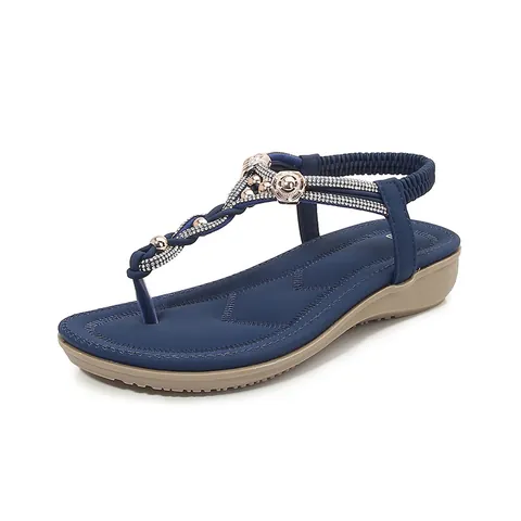Women Bohemian Rhinestone Thong Sandals Comfort PU Leather T-Strap Flat Sandals Casual Summer Beach Shoes Black Navy Camel