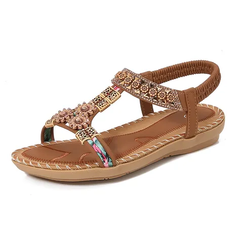 Women's Bohemian Flat Sandals Rhinestone Beaded Flower Elastic Back Strap Summer Beach Casual Ethnic PU Shoes