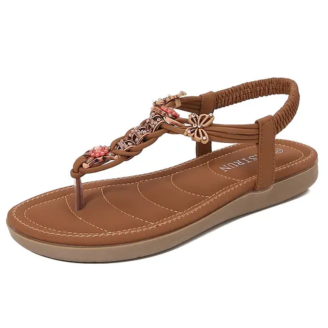 Sandales Plates de Bohême pour Femmes Décoration Papillon en Strass Sandales à Entre-doigts T-Strap Avec Bride Arrière Élastique Chaussures de Plage Été Casual