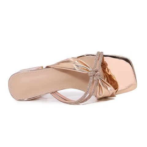 Women's Rose Gold Rhinestone Slides Square Toe Block Heel Sandals Metallic PU Patent Leather Party Wedding Slippers