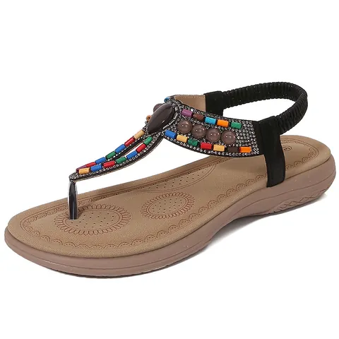 Women Bohemian Flat Sandals Rhinestone Beaded T-Strap Summer Beach Flip Flops Comfortable Elastic Back Strap Casual Ethnic Style Shoes