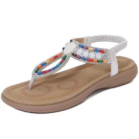 Women Bohemian Flat Sandals Rhinestone Beaded T-Strap Summer Beach Flip Flops Comfortable Elastic Back Strap Casual Ethnic Style Shoes