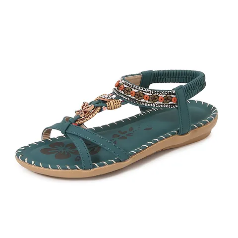 Women Bohemian Rhinestone Flat Sandals Ethnic Bead Butterfly Decor T-Strap Elastic Back Strap Summer Beach Microfiber Sandals