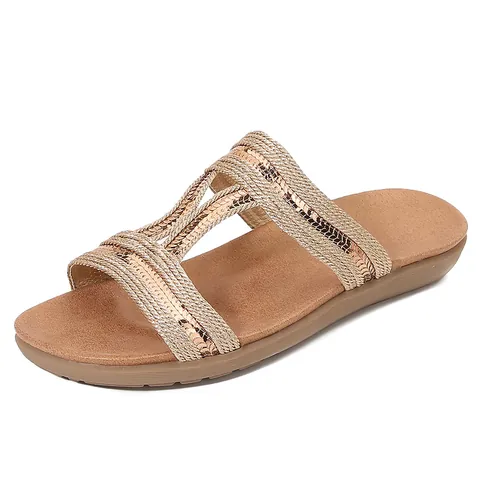 Women Bohemian Rhinestone Flat Sandals Hollow Out Sequin Sparkly Summer Beach Slippers Plus Size Casual Slip On Shoes