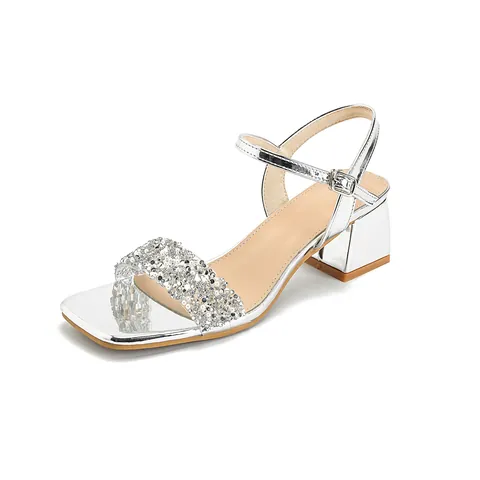 Women Chunky Block Heel Sandals Rhinestone Square Toe Ankle Strap Sandals Metallic Finish Party Dress Shoes For Ladies