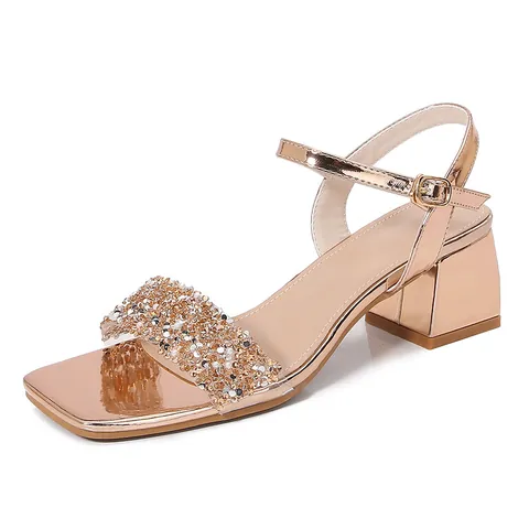 Sandales à Talons Épais Bohème pour Femmes Strass Étincelants Microfibre Bout Carré Bride à la Cheville Fête Mariage Mode Talons Hauts