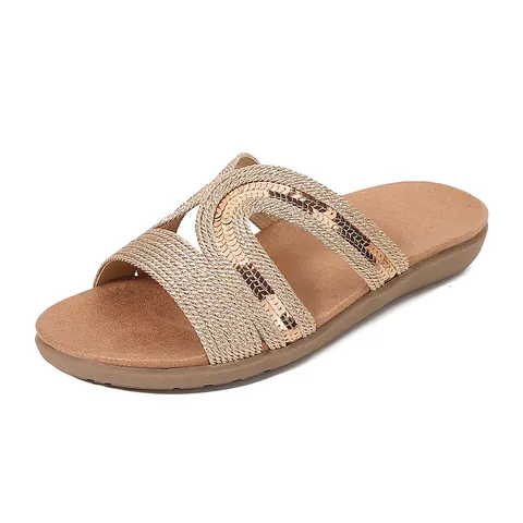 Women Bohemian Hollow Out Flat Slides Sparkly Rhinestone Braided Sandals Summer Casual Lightweight Comfortable PU Beach Shoes