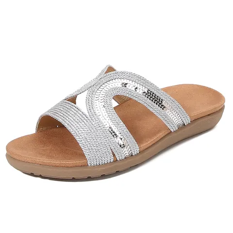 Women Bohemian Hollow Out Flat Slides Sparkly Rhinestone Braided Sandals Summer Casual Lightweight Comfortable PU Beach Shoes