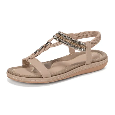 Women Bohemian Flat Sandals T-Strap Rhinestone Braided Elastic Back Strap Casual Summer Beach Shoes Comfortable Footwear