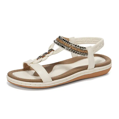 Women Bohemian Flat Sandals T-Strap Rhinestone Braided Elastic Back Strap Casual Summer Beach Shoes Comfortable Footwear