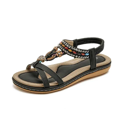 Bohemian Women Flat Sandals Rhinestone Beaded T-Strap Summer Beach Shoes Elastic Back Strap Comfort Casual Walking Sandals