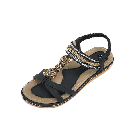Bohemian Women Flat Sandals PU Leather Rhinestone Heart Decor Elastic Back Strap Breathable Lightweight Summer Beach Sandals