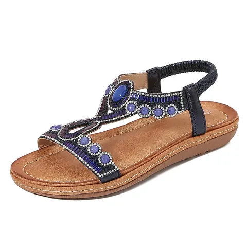 Women Bohemian Rhinestone Flat Sandals T-Strap Beaded Ethnic Summer Beach Shoes Comfort Elastic Back Casual Sandals