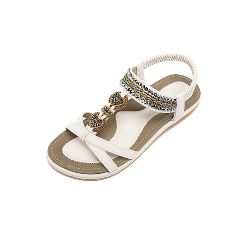 Bohemian Women Flat Sandals PU Leather Rhinestone Heart Decor Elastic Back Strap Breathable Lightweight Summer Beach Sandals