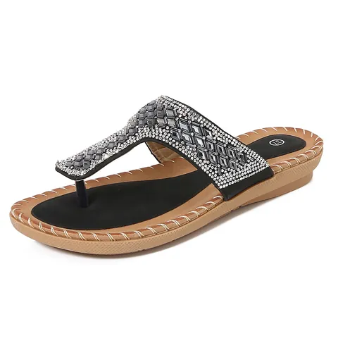 Sandalias de Cuña con Strass Bohemias para Mujer T-Strap Casual Verano Playa Flip Flops Zapatos de Caminar de Cuero PU