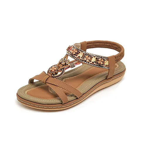 Bohemian Women Rhinestone Flat Sandals Ethnic Beaded Floral Beach Shoes Elastic Back Strap Summer Comfort T-Strap Sandals