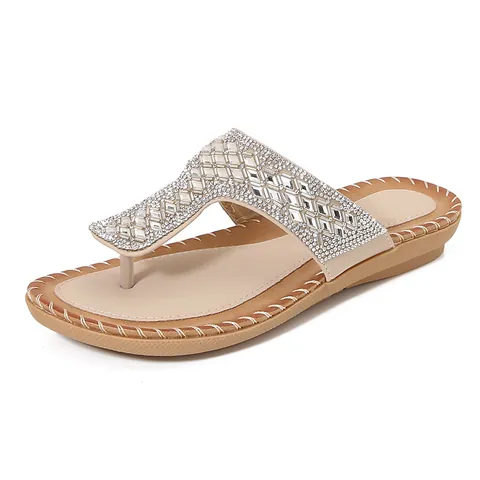 Sandalias de Cuña con Strass Bohemias para Mujer T-Strap Casual Verano Playa Flip Flops Zapatos de Caminar de Cuero PU