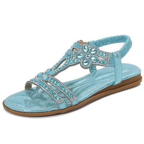 Bohemian Rhinestone Flat Sandals For Women Elastic Back Strap Flower Design Sparkly Summer Vacation Beach Casual Shoes