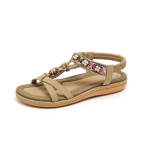Bohemian Women Rhinestone Flat Sandals Ethnic Beaded Floral Beach Shoes Elastic Back Strap Summer Comfort T-Strap Sandals