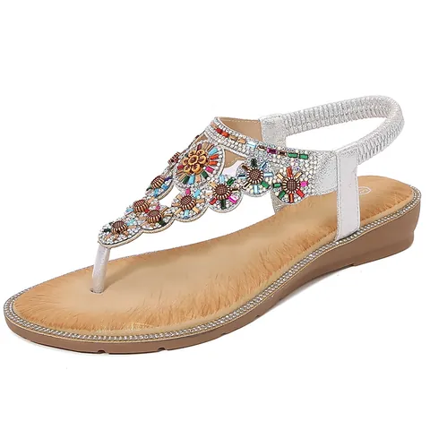 Bohemian Rhinestone T-Strap Sandals Flat Massage Thick Sole Shoes Elastic Back Strap Summer Vacation Beach Footwear