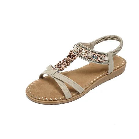 Bohemian Women Flat Sandals Rhinestone Flower Metal Butterfly T-Strap Elastic Back Strap Ethnic Summer Beach Dress Shoes