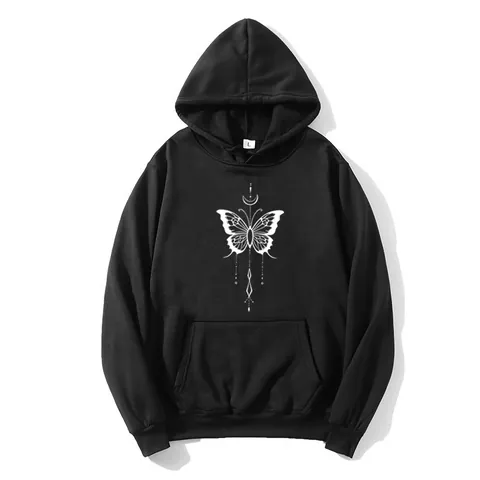 Damen Casual Kapuzenpullover Schmetterling Mond Druck Pullover Lose Langarm Top Mit Kängurutasche Polyester Hoodie