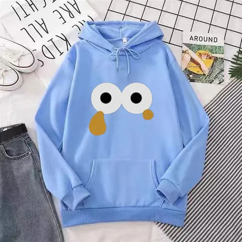 Felpa da Donna Casual con Cappuccio Stampa Occhi Cartoon Foderata in Pile Pullover Manica Lunga Streetwear Larga