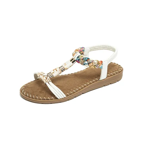 Bohemian Women Flat Sandals Beaded T-Strap Summer Beach Shoes Elastic Back Strap Ethnic Style Comfortable Casual Sandals